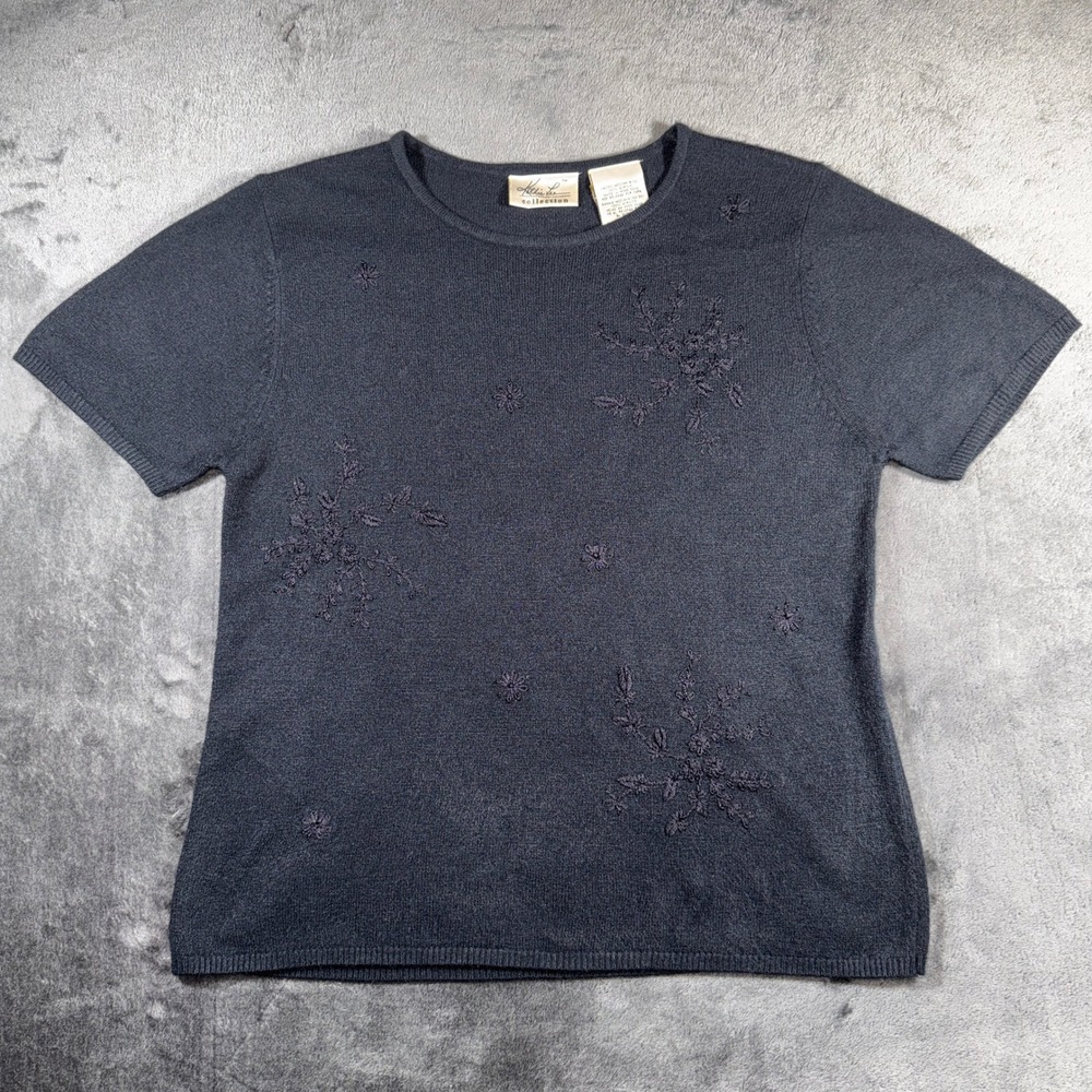 Kathie Lee Collection Navy Blue Floral Embroidered Short Sleeve Knit Top KL-3018